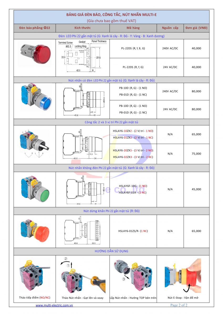 Bảng giá Đèn báo, công tắc, nút nhấn Multi-e